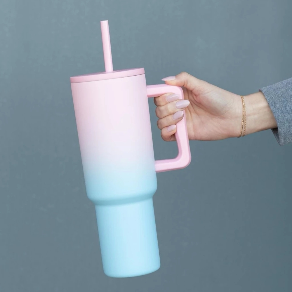 ECOB (2) Pastel Pink Blue Gradient Handle Straw Tumbler - Image 1