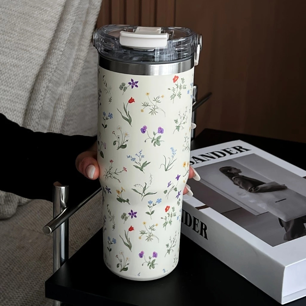 ECOB (29) Cream Floral Print Straw Travel Tumbler - Image 1